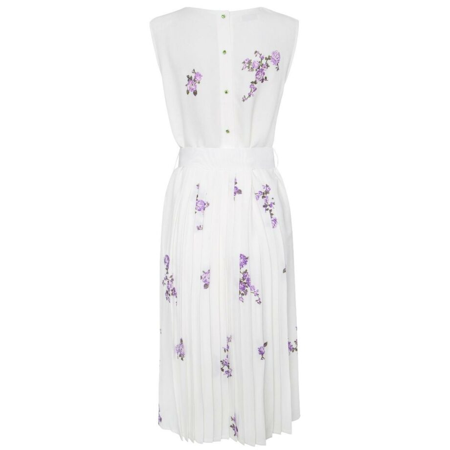 Knee-length, sleeveless dress with flower print and waist belt