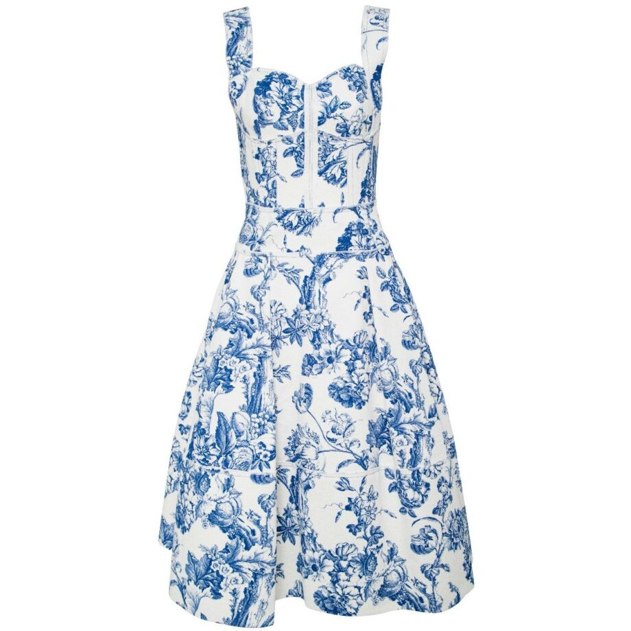 Knee-length cotton dress with flower print and flared skirt