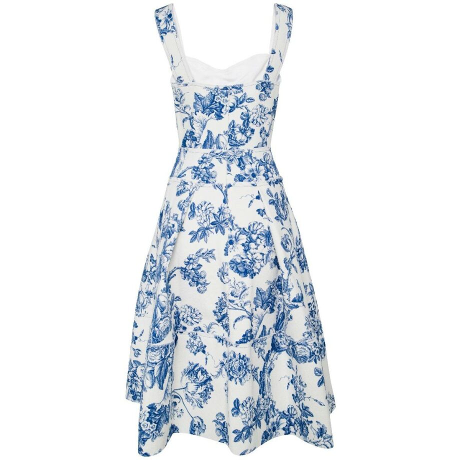 Knee-length cotton dress with flower print and flared skirt