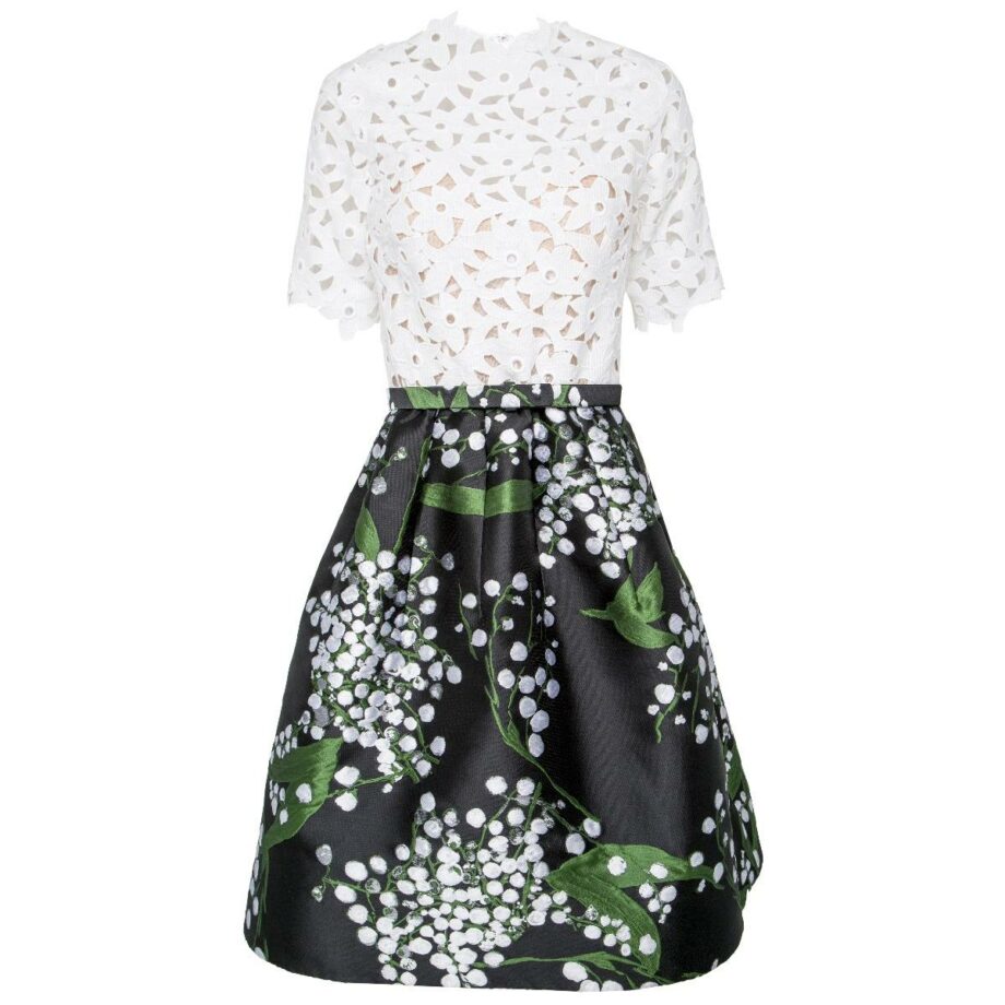 Tapered dress with lace top and flared skirt with floral print