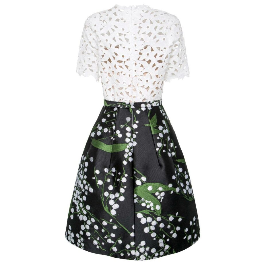 Tapered dress with lace top and flared skirt with floral print