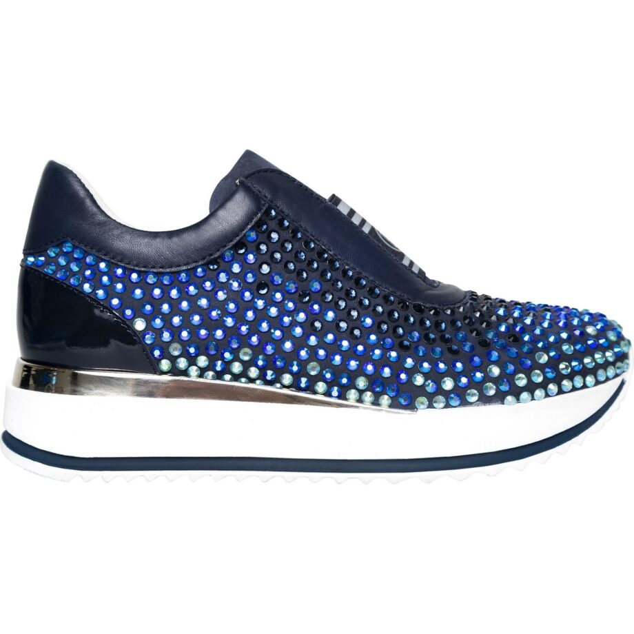 Leather sneakers with rhinestone embroidery and elastic inlay