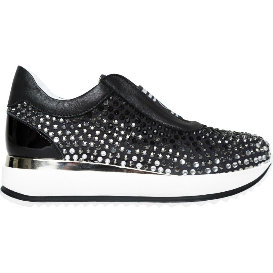 Leather sneakers with rhinestone embroidery and elastic inlay