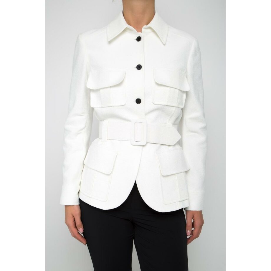 Cotton jacket with patched pockets and waist belt