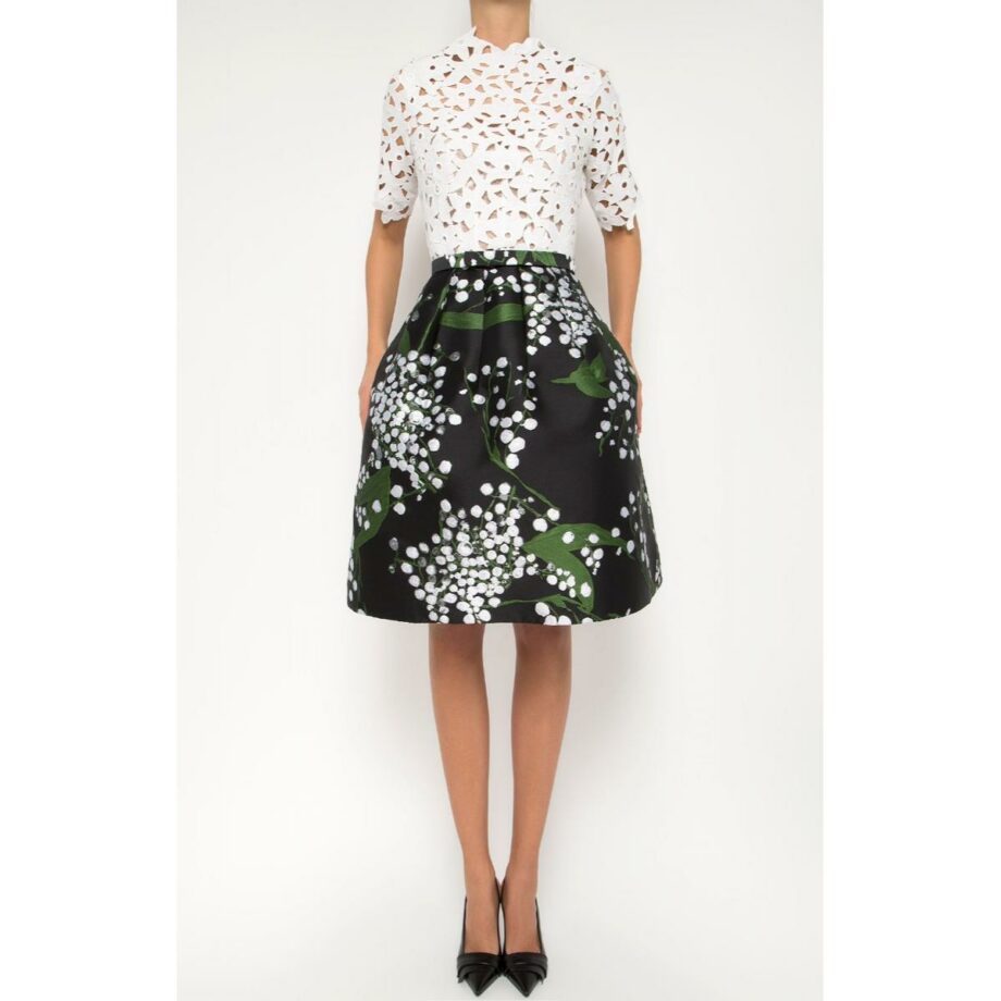 Tapered dress with lace top and flared skirt with floral print