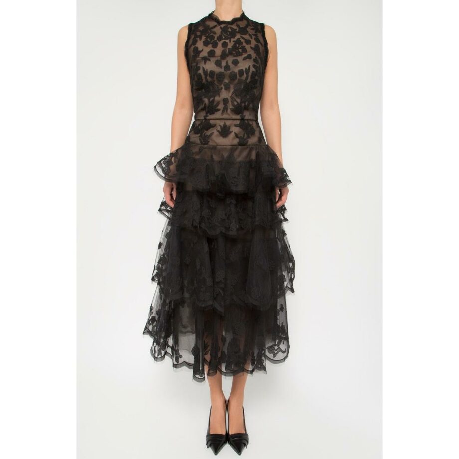 Midi-length tulle dress with deep back cleavage and valance details