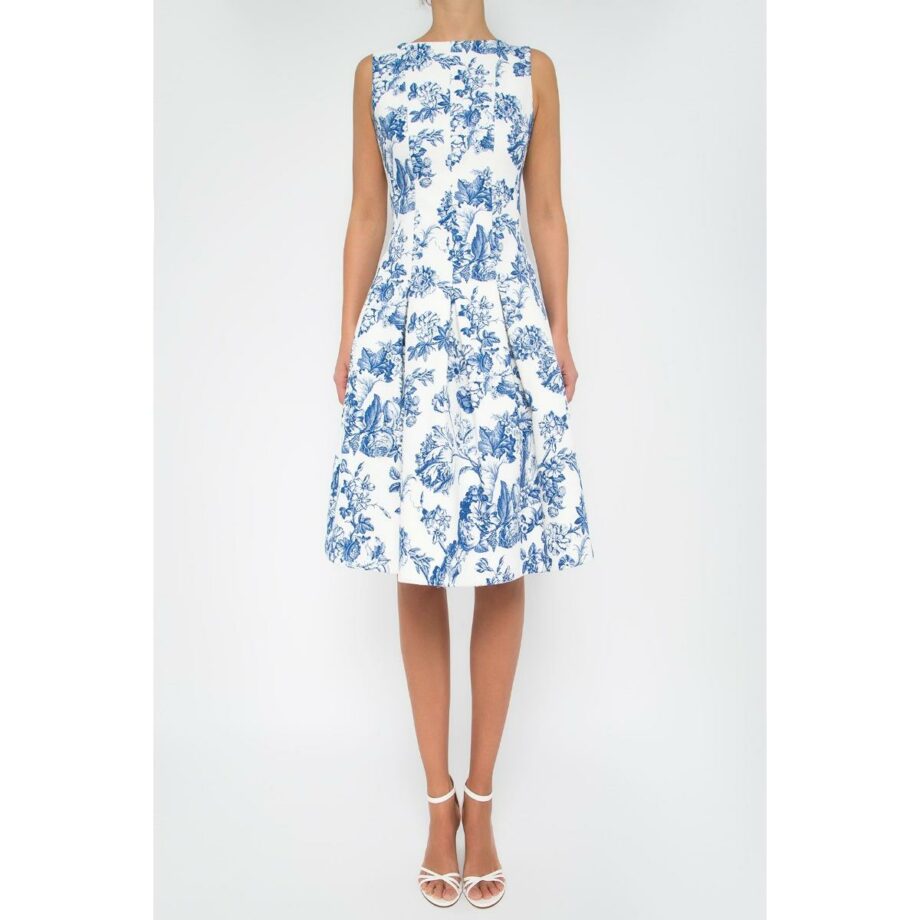 Knee-length cotton dress with floral print and silk lining