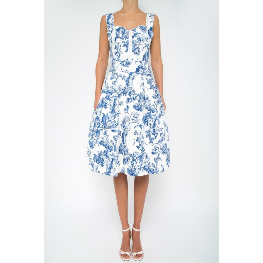 Knee-length cotton dress with flower print and flared skirt