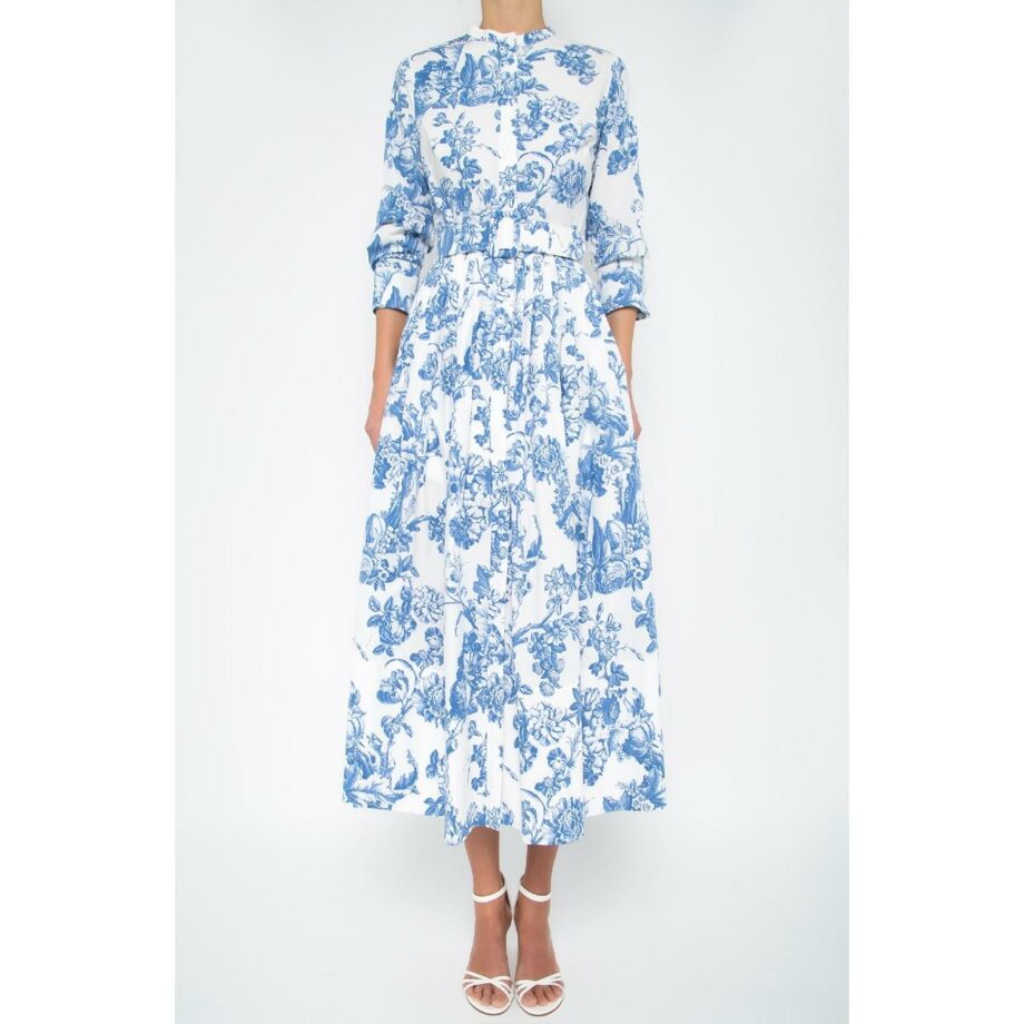 Midi-length stretch cotton dress with floral print