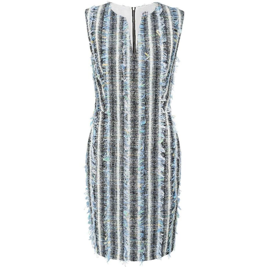 Knee-length tweed dress with fringed details