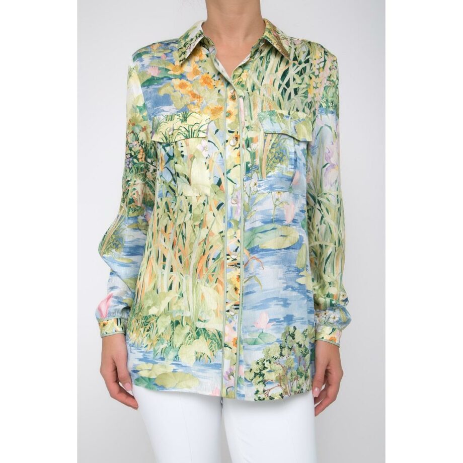 Silk blouse with patched pockets and floral print