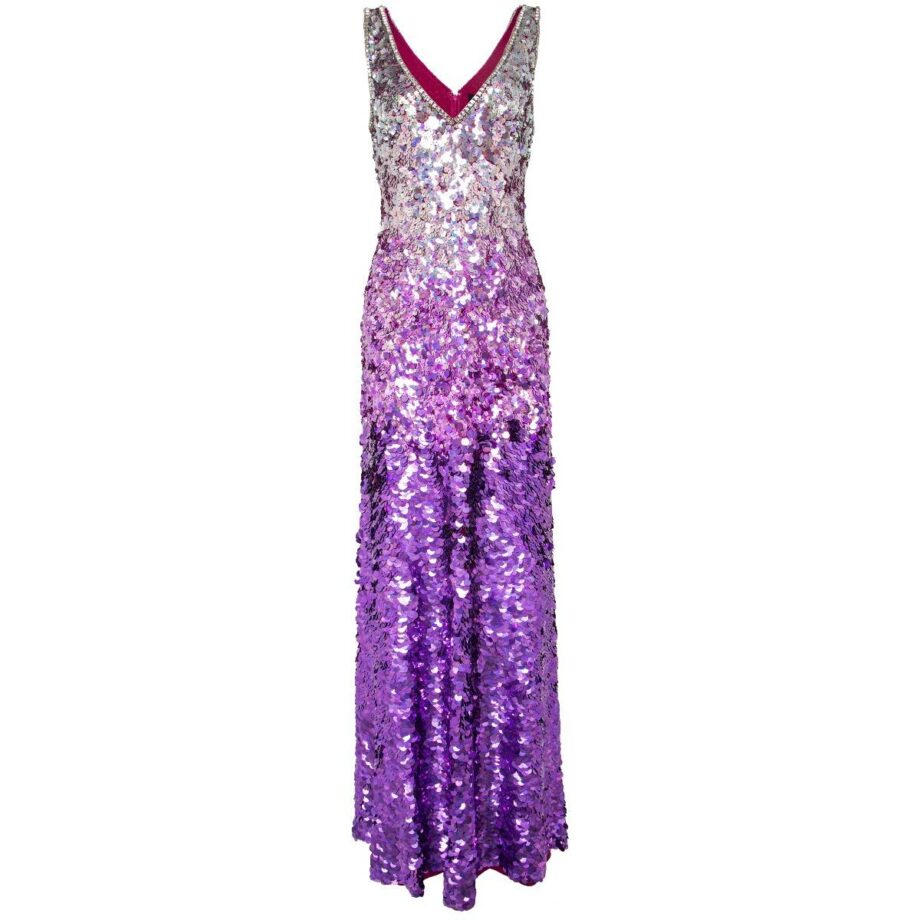 Fully embroidered gown with color degrade and v-neck