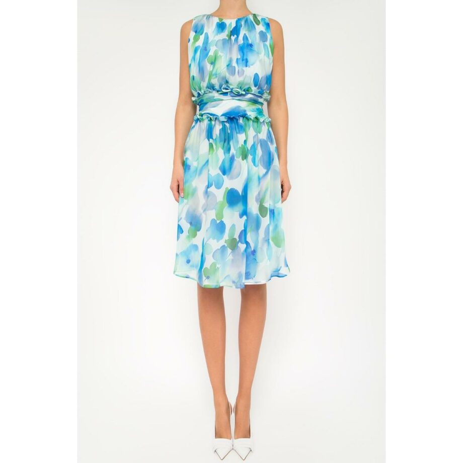 Knee-length silk dress with draped detail and phantasy print