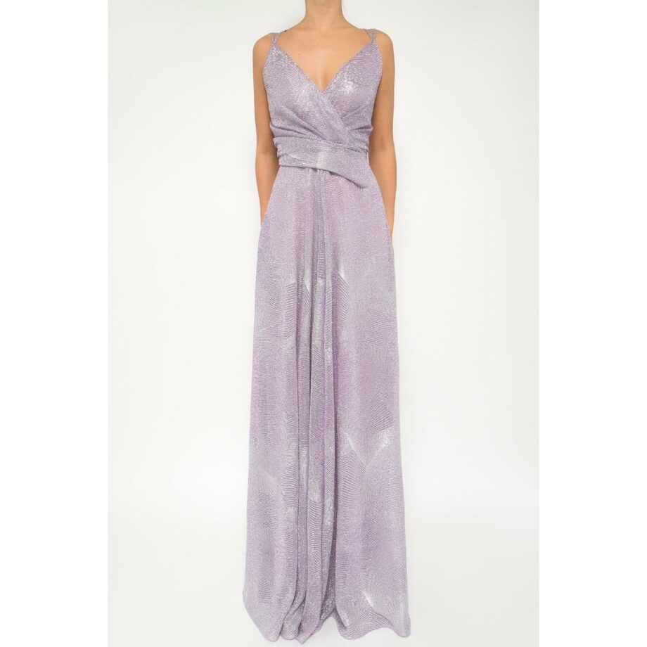 Floor-length metallic gown with v-neck