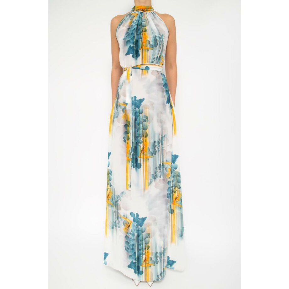 Long silk dress with floral print and waistbelt