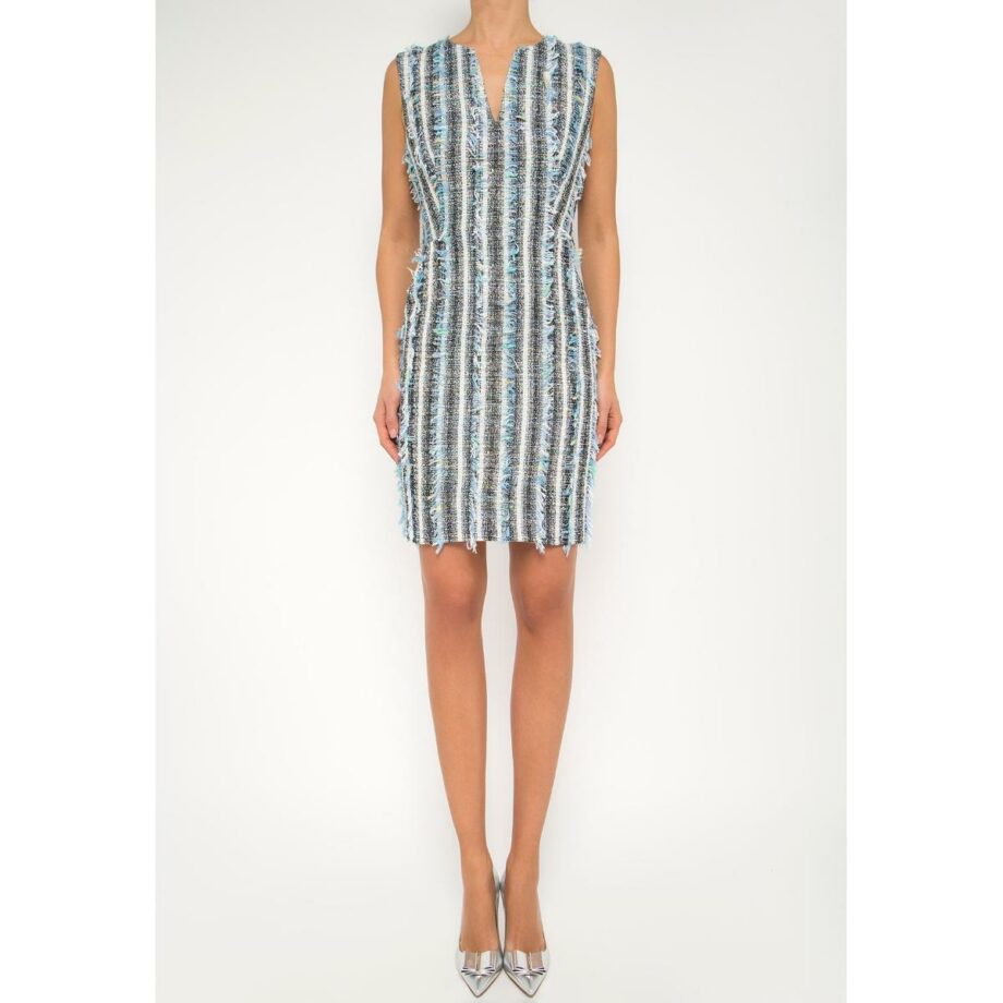 Knee-length tweed dress with fringed details