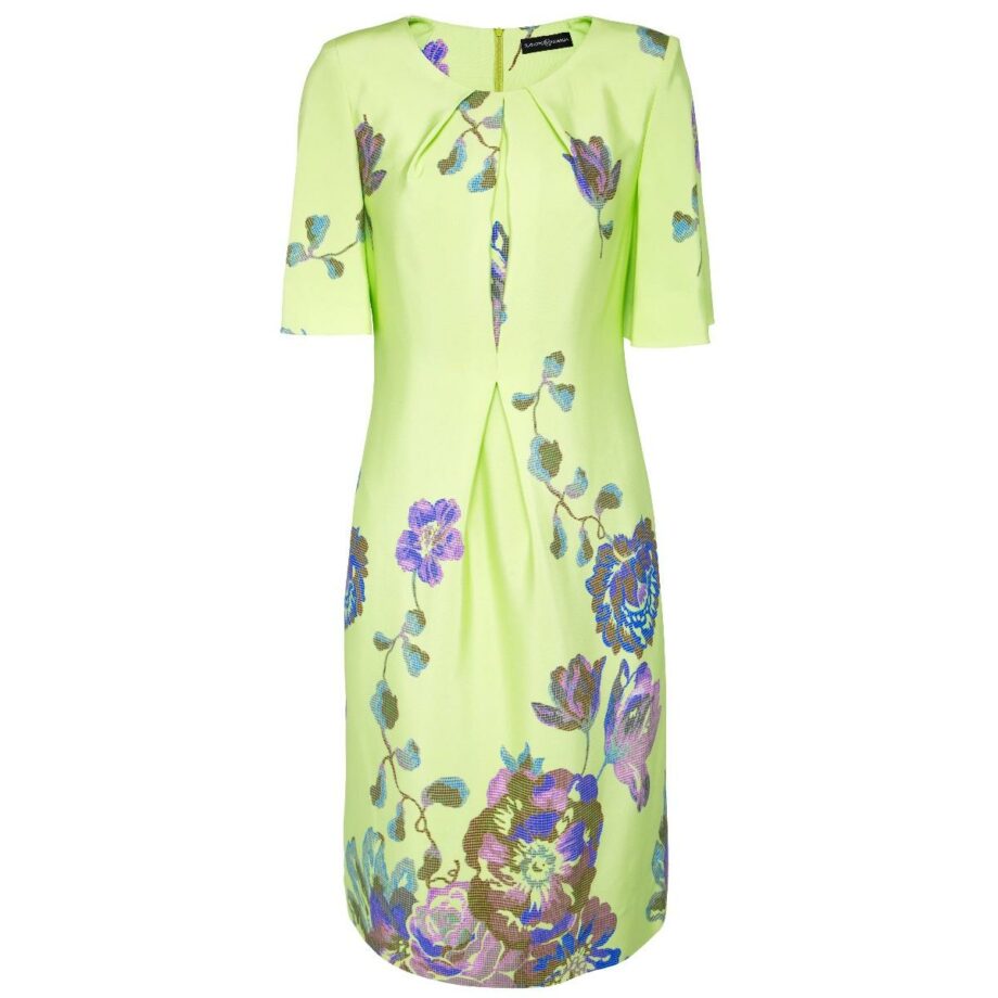 Knee-length silk dress with straight cut and floral print