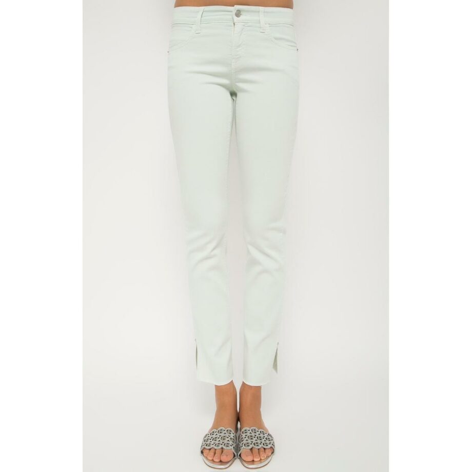 Stretch denims with straight slim cut and small vent details