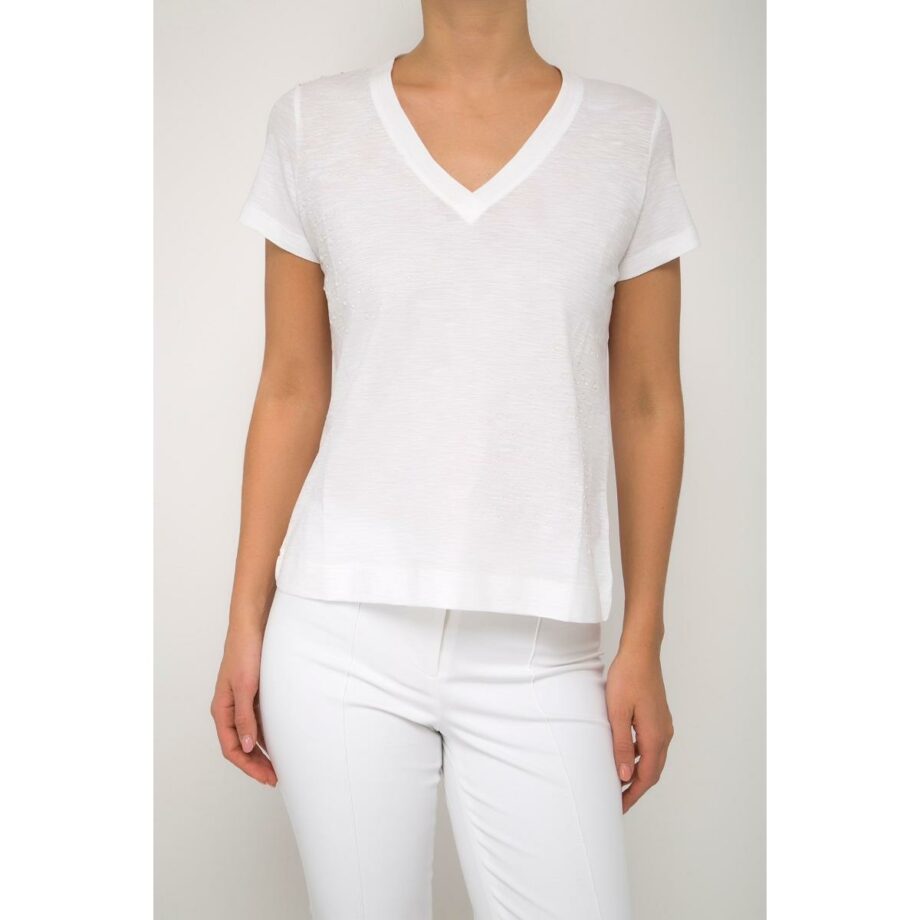 Cotton t-shirt with v-neck and glass details