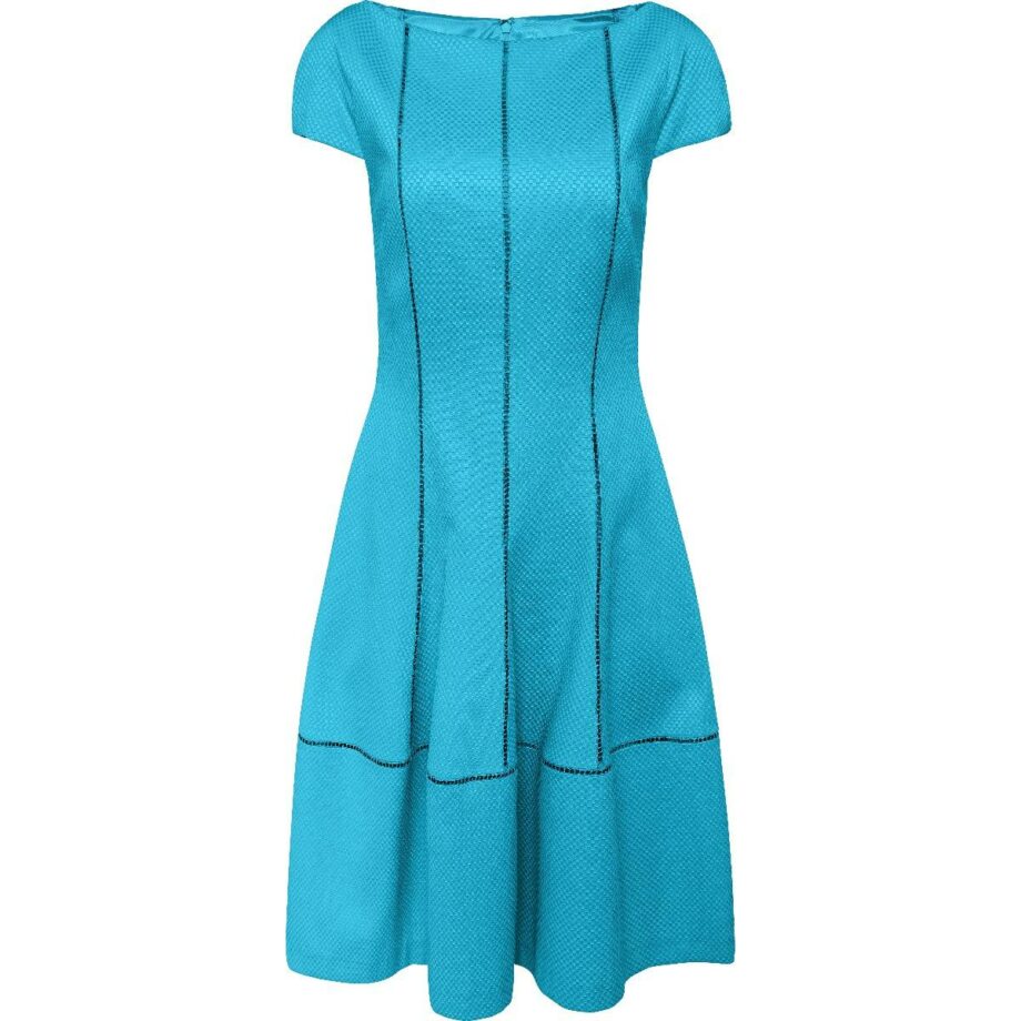 Knee-length, tapered dress with cap sleeves and structured fabric