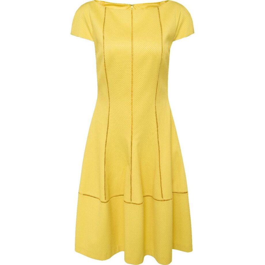 Knee-length, tapered dress with cap sleeves and structured fabric