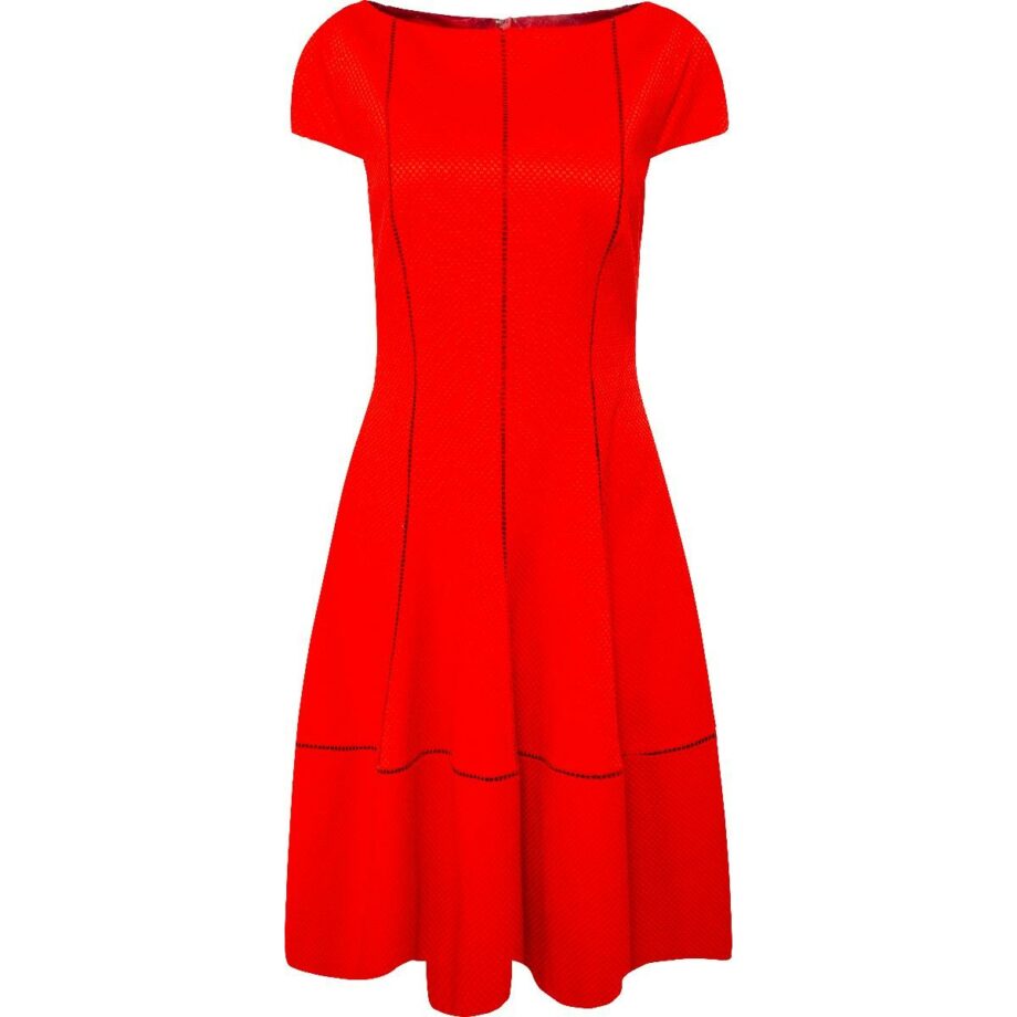 Knee-length, tapered dress with cap sleeves and structured fabric