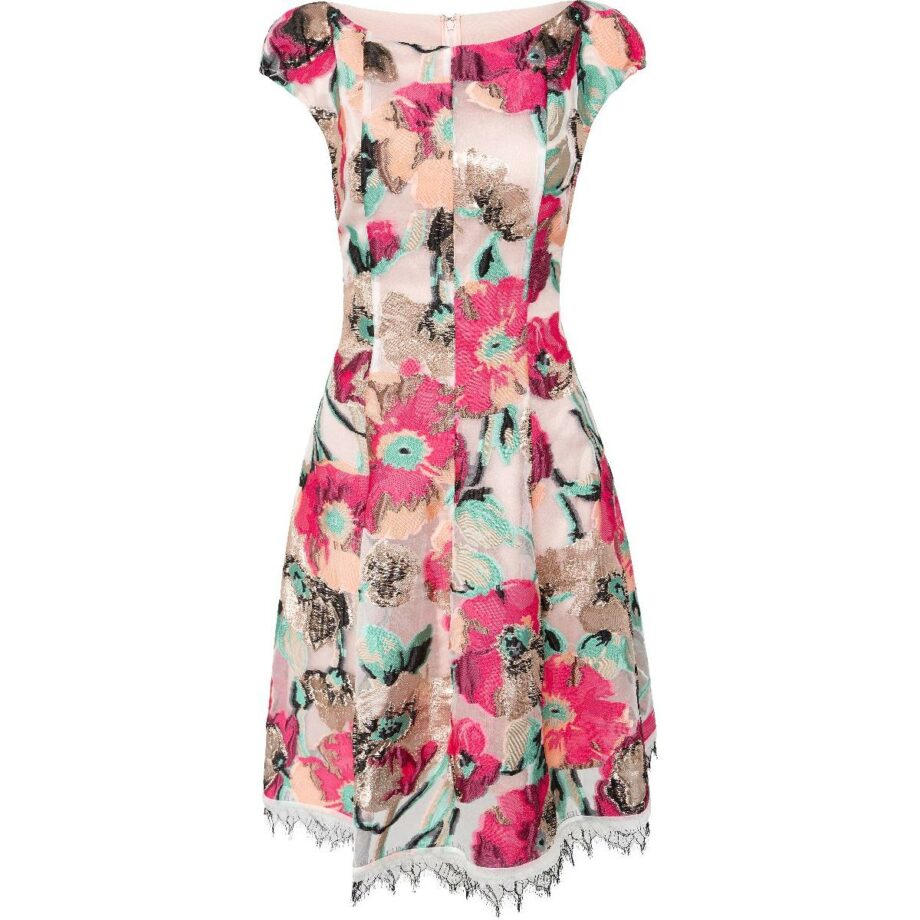 Knee-length, tapered dress with metallic details and floral print