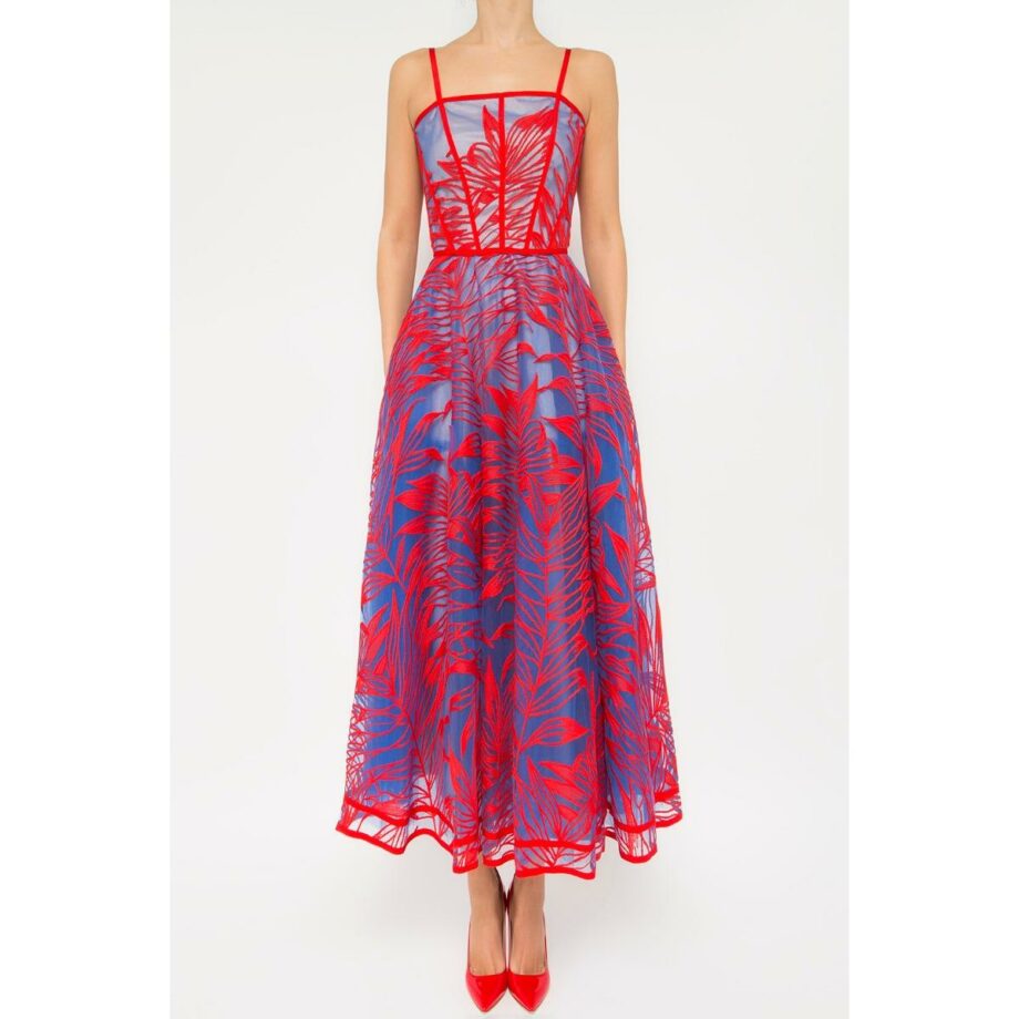 Midi-length corsage dress with leaf print