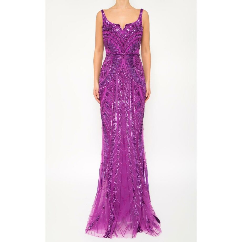 Floor-length, tapered gown with floral embroidery