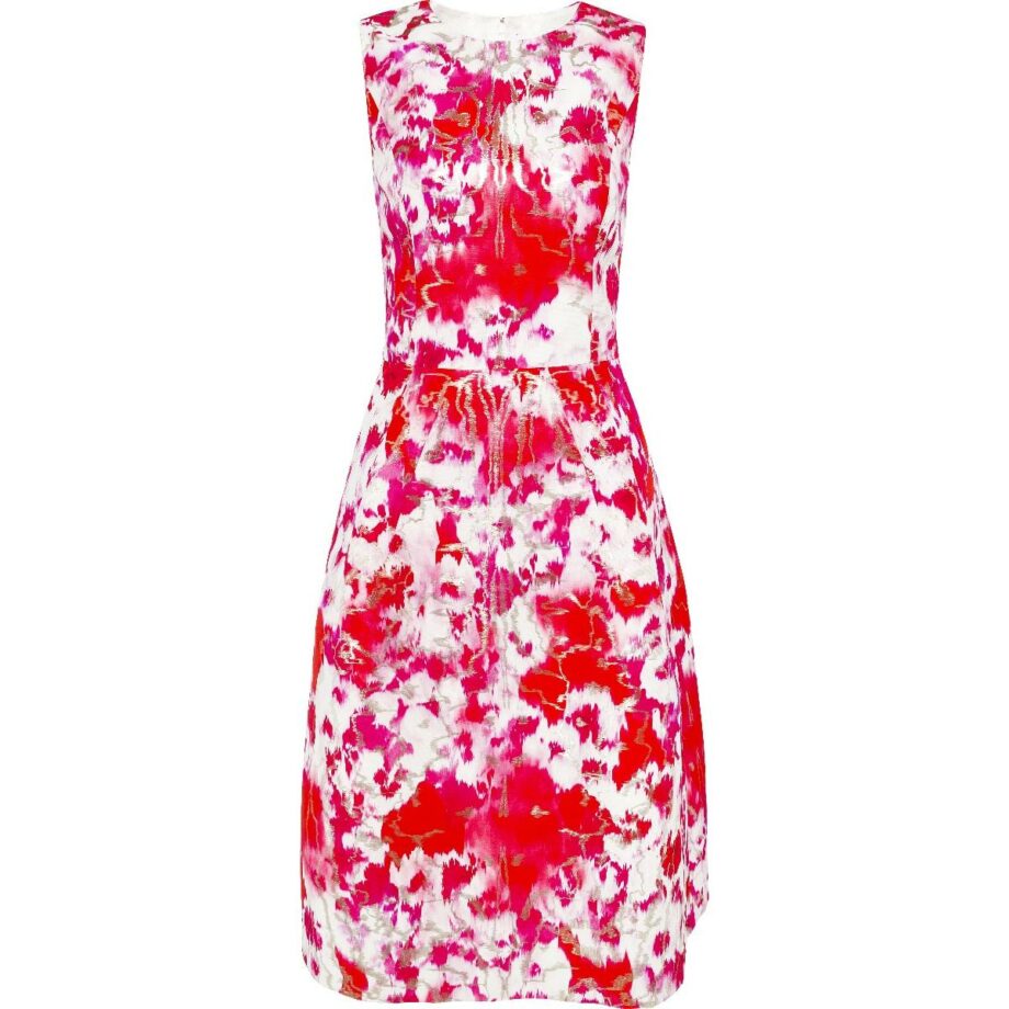 Knee-length cocktail dress with golden details and silk lining