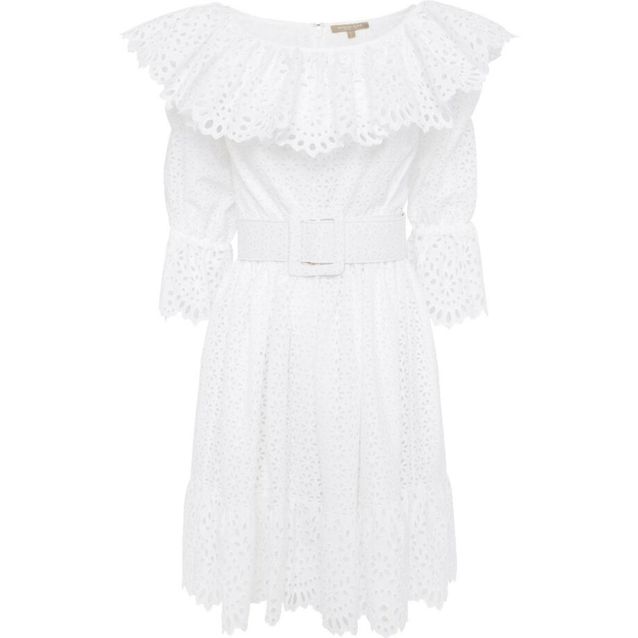 Knee-length lace dress with valance collar and waist belt