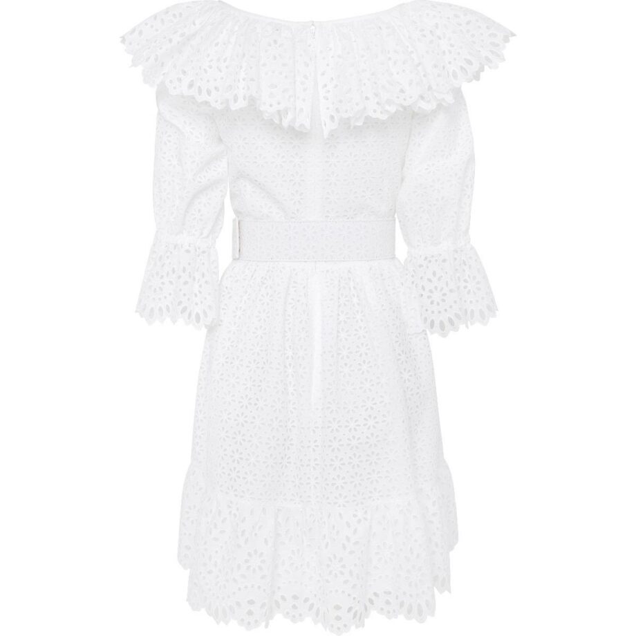 Knee-length lace dress with valance collar and waist belt