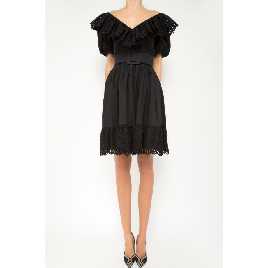 Tapered cotton dress with lace details and flared skirt