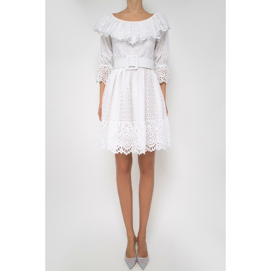 Knee-length lace dress with valance collar and waist belt