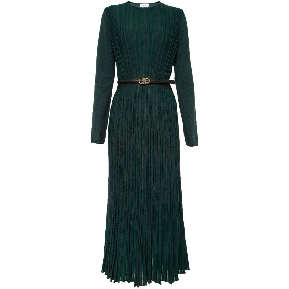 Midi-length virgin wool dress with pleated skirt and leather belt with logo buckle