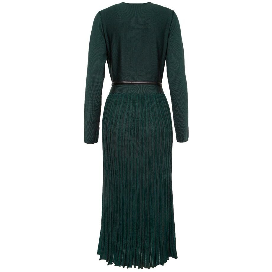 Midi-length virgin wool dress with pleated skirt and leather belt with logo buckle