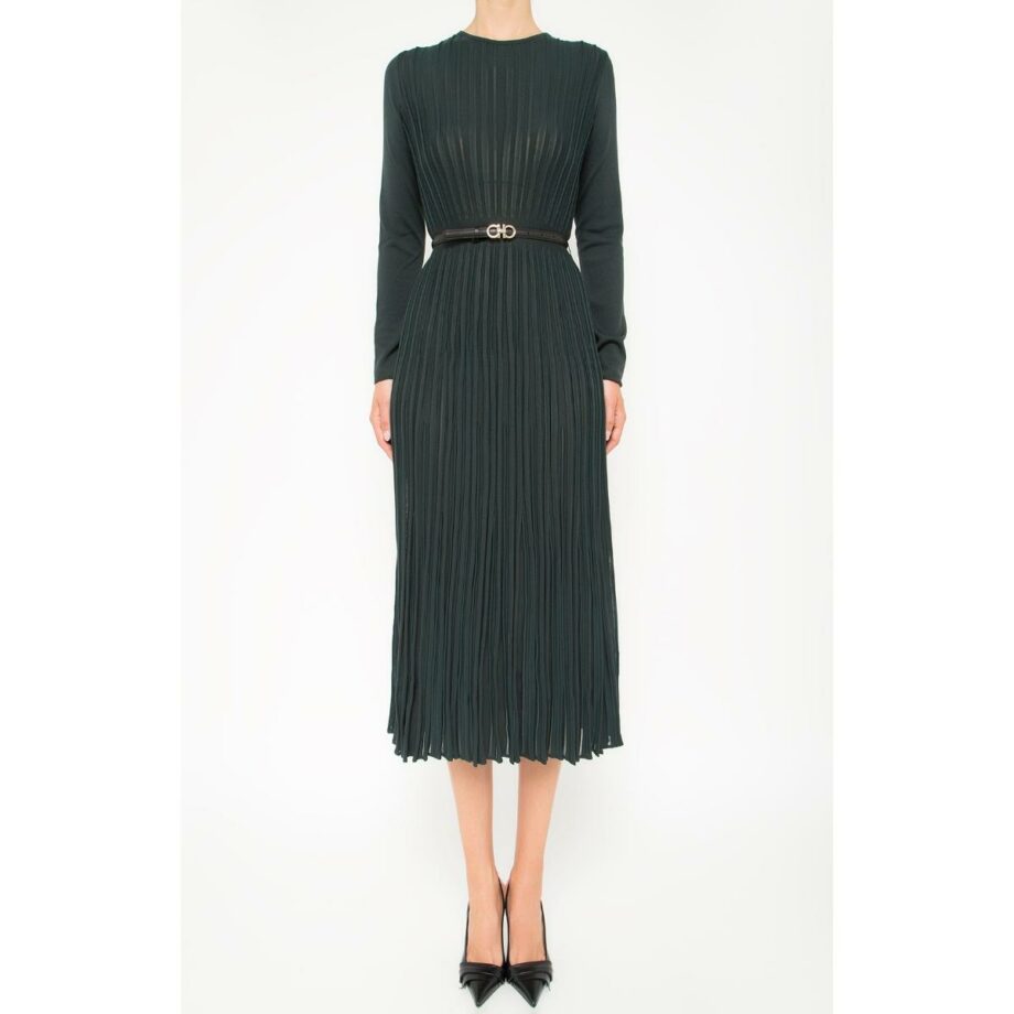 Midi-length virgin wool dress with pleated skirt and leather belt with logo buckle