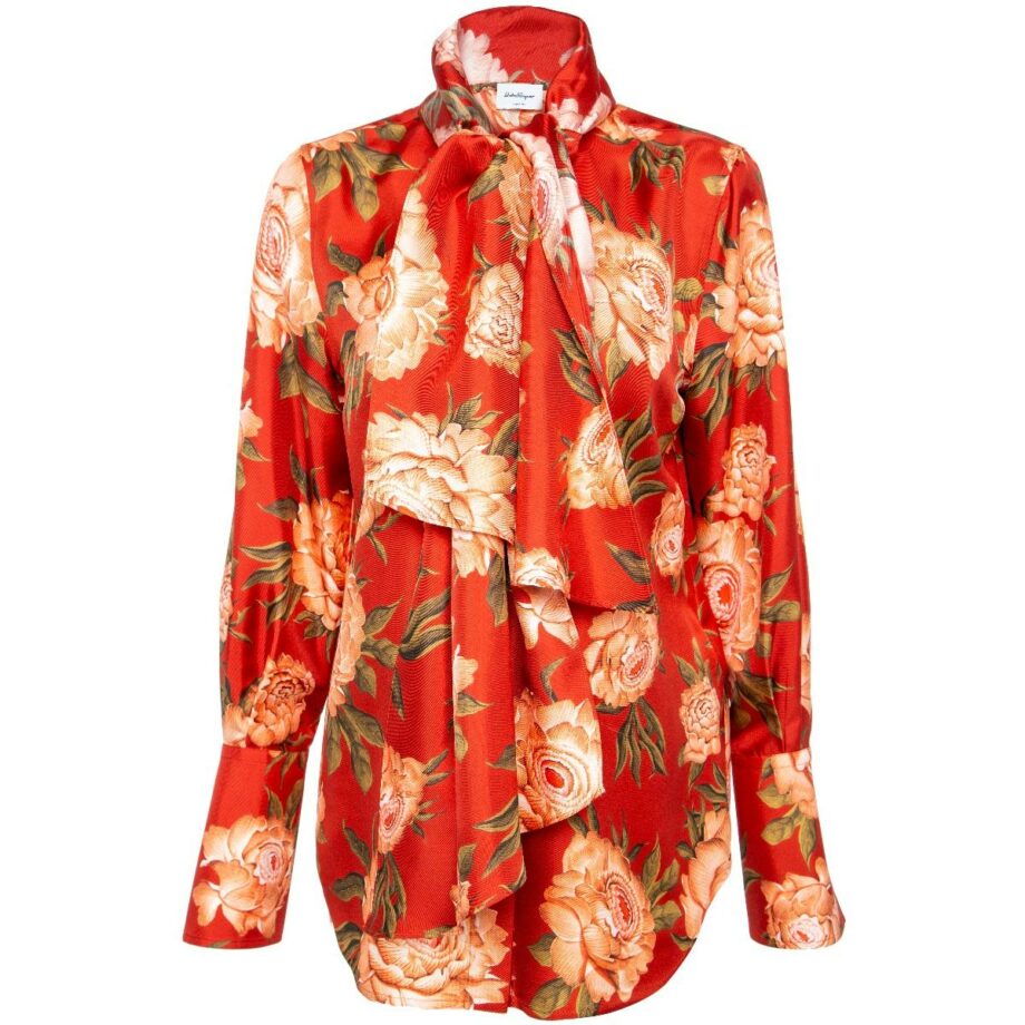 Silk blouse with bow tie collar and floral print