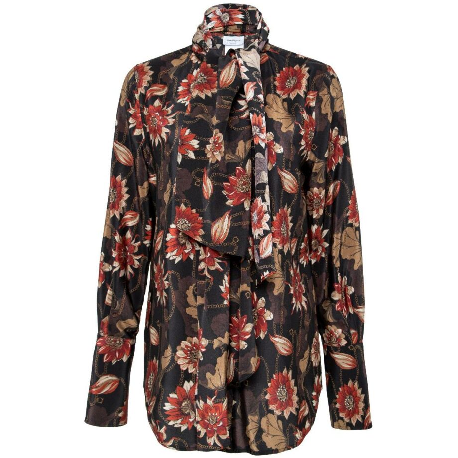 Silk blouse with floral print and bow tie collar