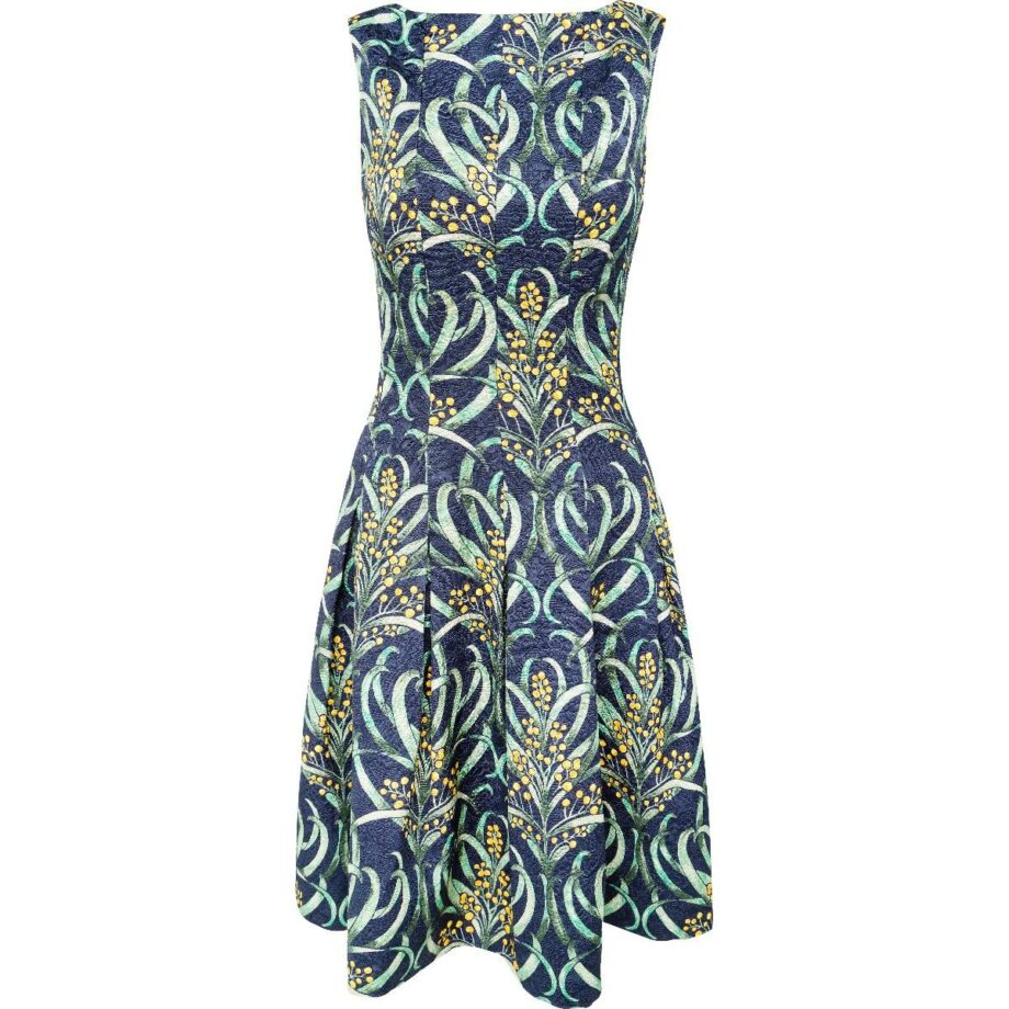 Knee-length dress with floral print and silk lining