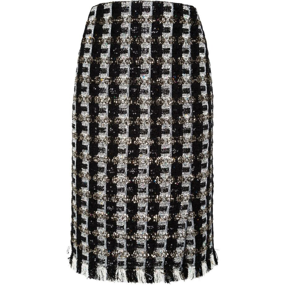 Knee-length skirt with silk lining and fringed seam