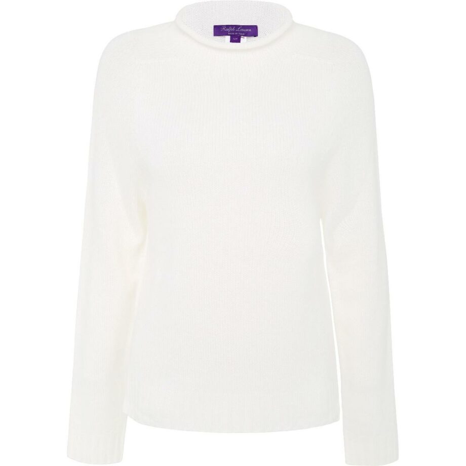 Hip-length cashmere pullover with small banded collar