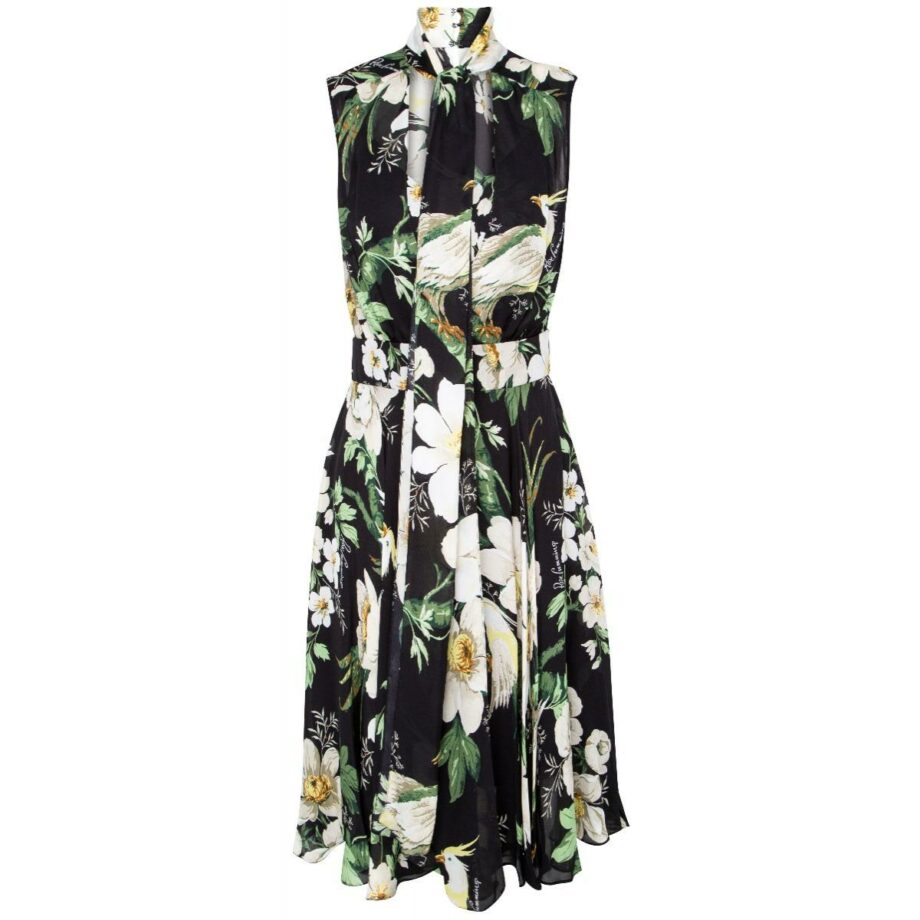 Knee-length silk dress with bow tie collar and floral print