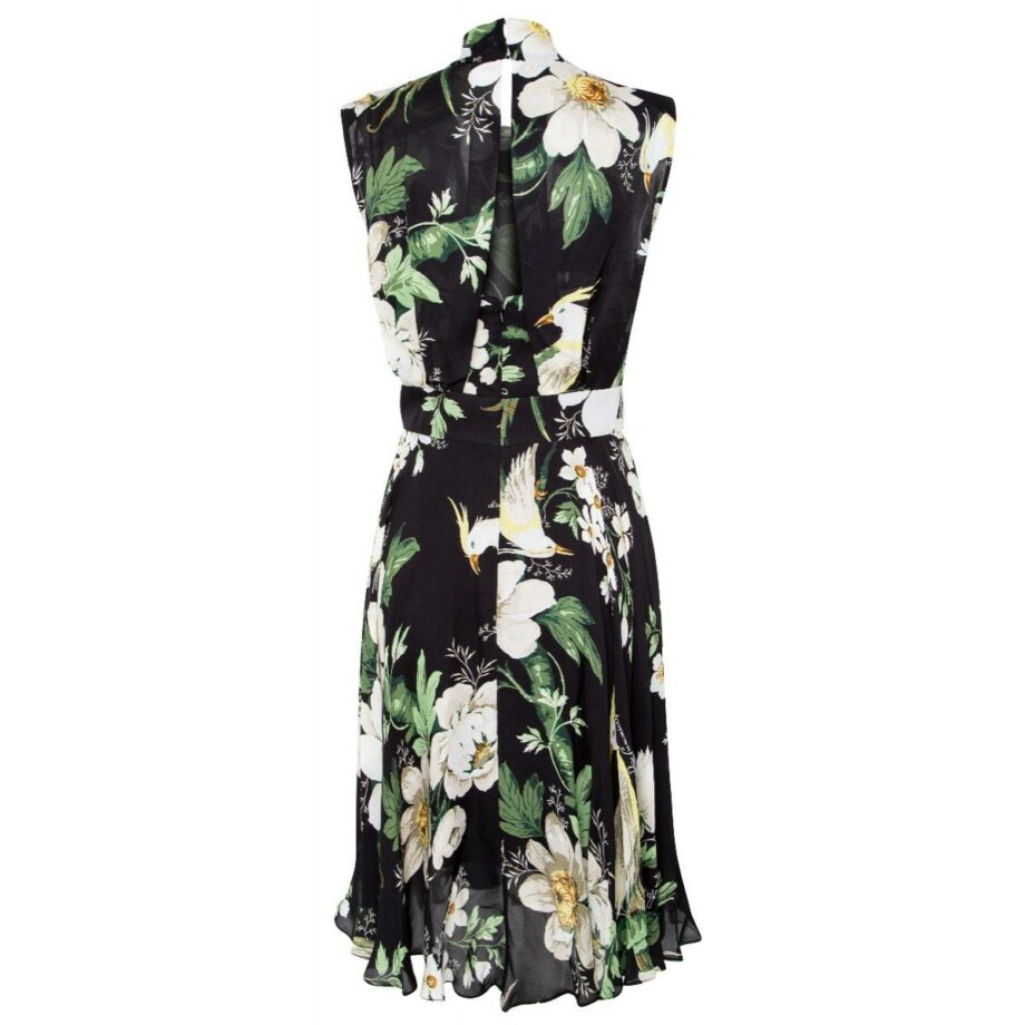 Knee-length silk dress with bow tie collar and floral print