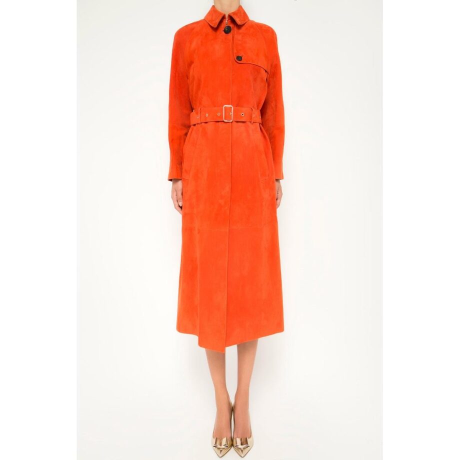 Long suede coat with waist belt