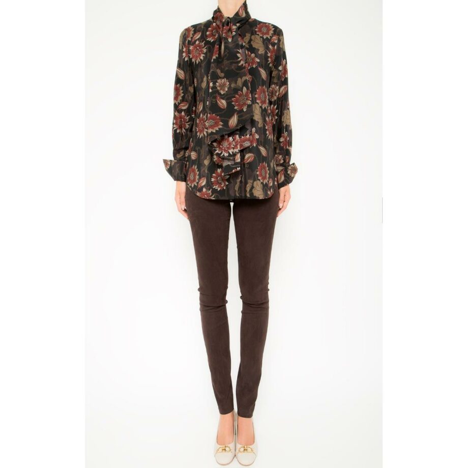 Silk blouse with floral print and bow tie collar