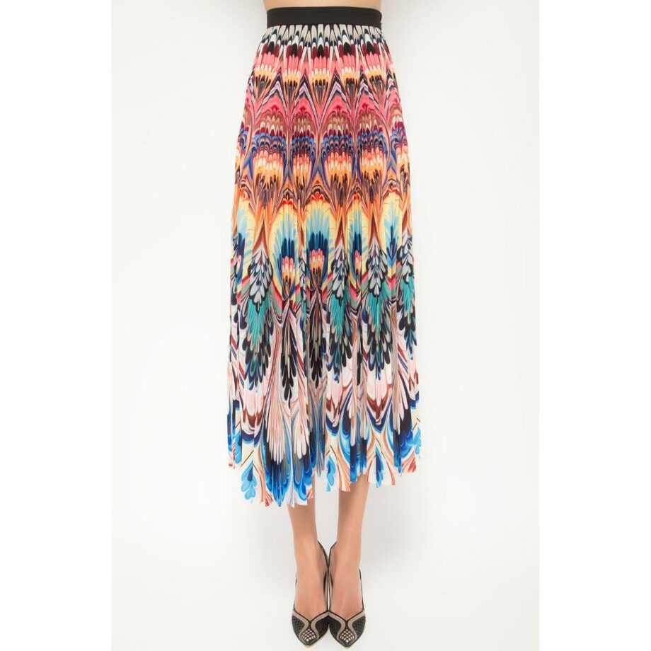 Pleated, calf length skirt with phantasy print