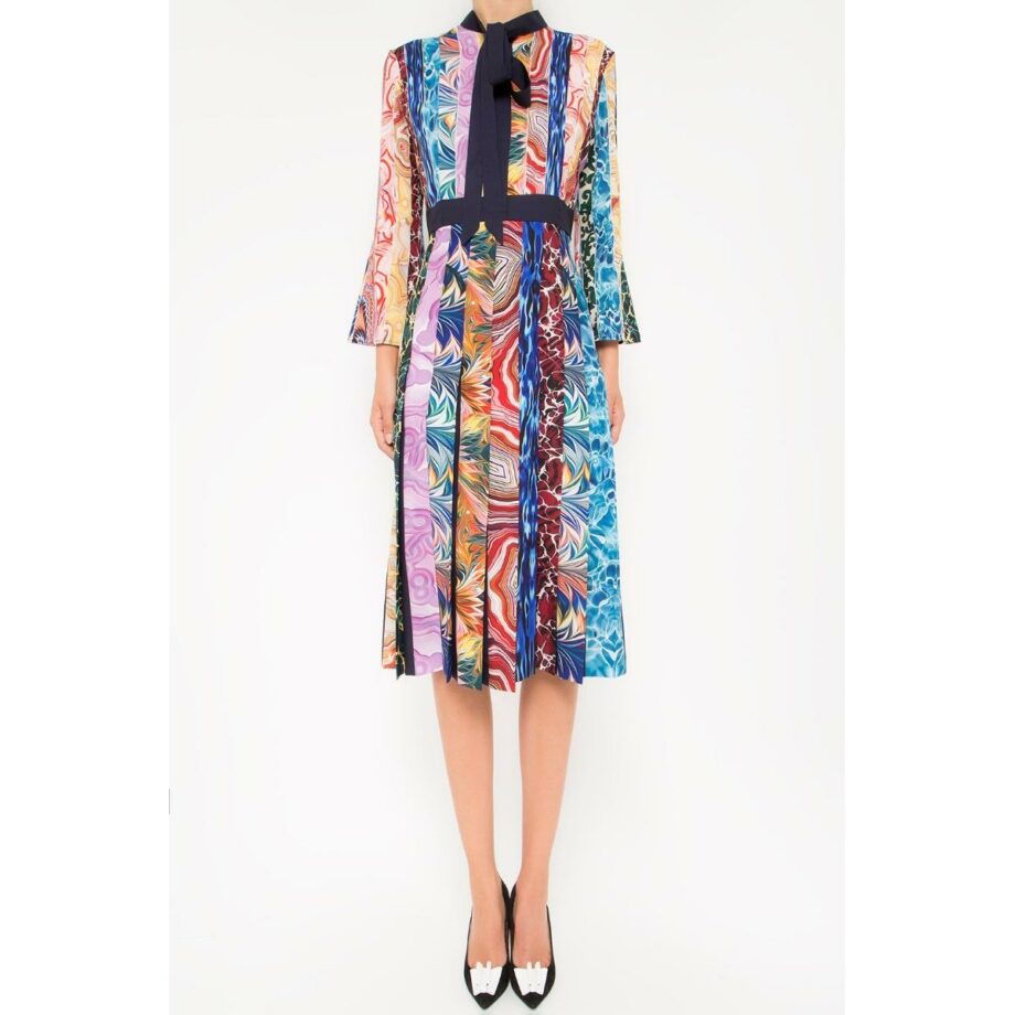 Midi-Dress with bow tie collar, trumpet sleeves and phantasy print