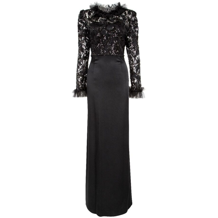 Floor length gown with embroidery and tulle details