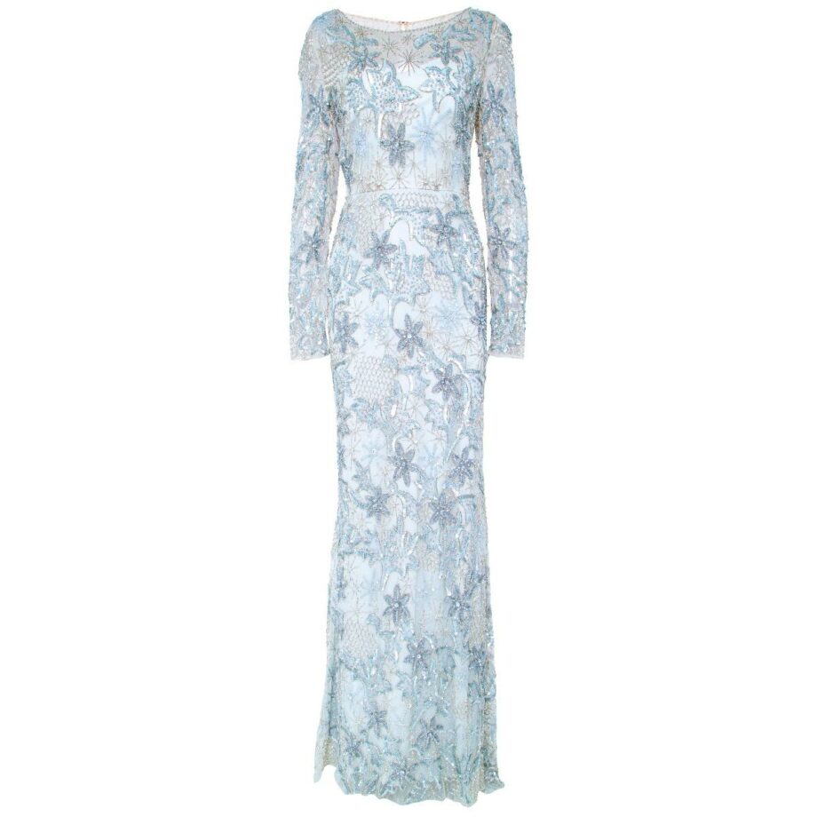 Floor length gown with floral embroidery